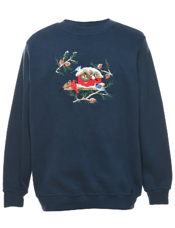 Bird Design Navy Printed Sweatshirt - M Youthful Women's Anime - inspired