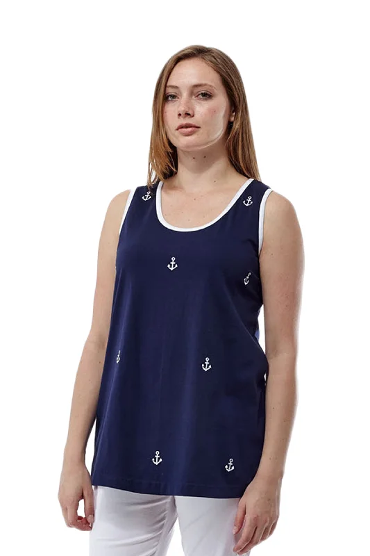 Cotton Knit Tank with Anchor Embroidery Feminine Women's Style 