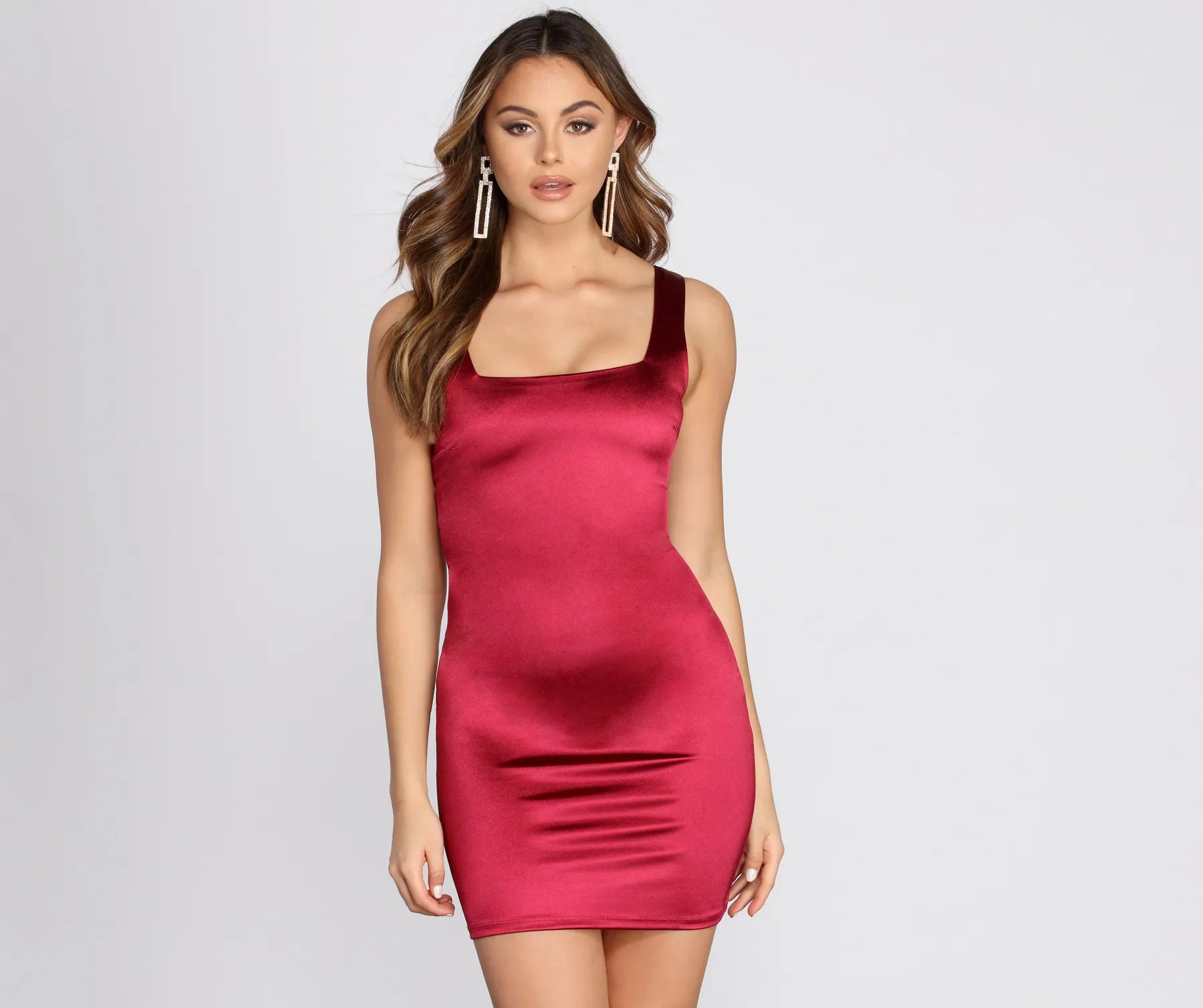 Square Neck Satin Mini Dress Monochromatic Office Style