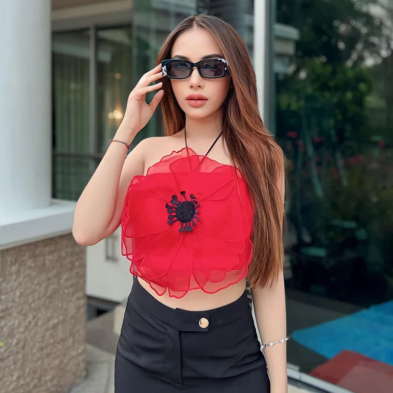 Sexy Hanging Neck Sleeveless Floral Tops Wholesale Womens Tops Youthful Women's Pop