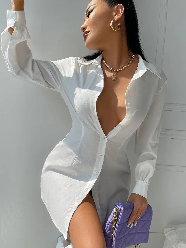 Plain Tie Back Long Sleeve Collar Semi-Sheer Asymmetrical High Waist Mini Dress Elegant Women's Formal 