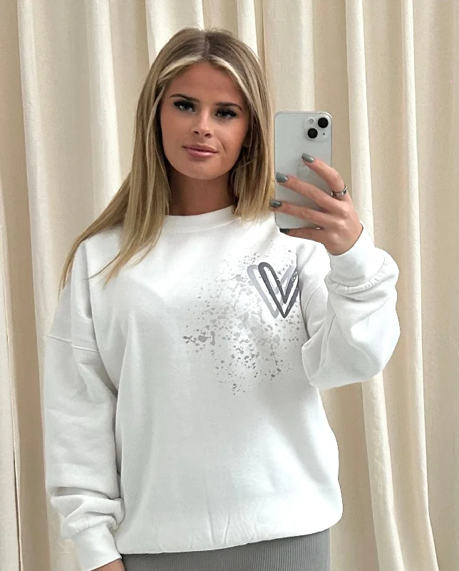 Grey Heart Graffiti Sweatshirt White Sleek Women's Metallic