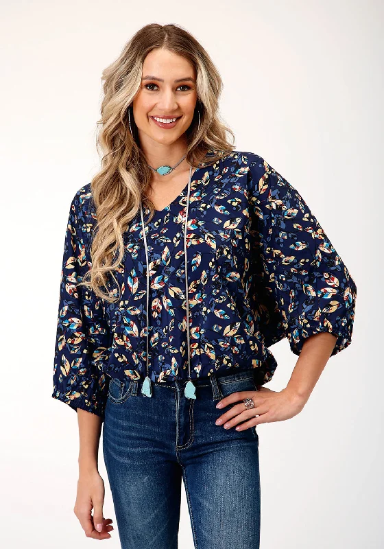 Roper Womens Feather Foliage Blue Polyester 3/4 Sleeve S/S Tunic Elegant Women's Formal 