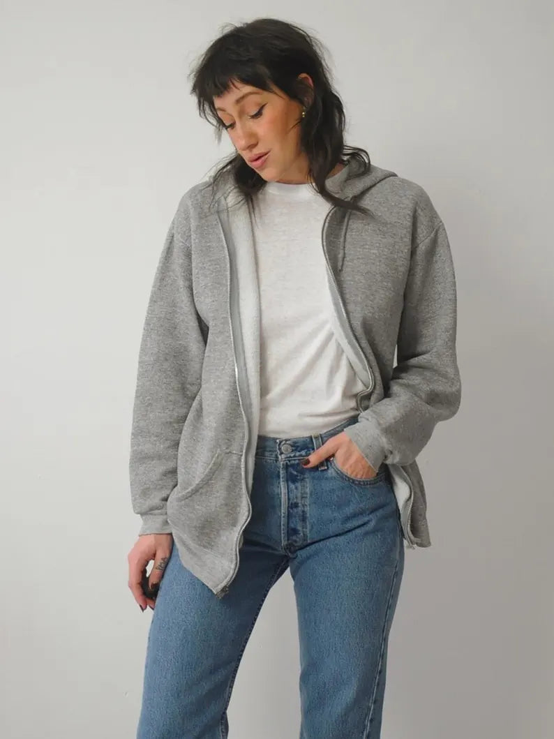 1980's Zip Up Gray Hoodie Refined Women's Hand - crafted