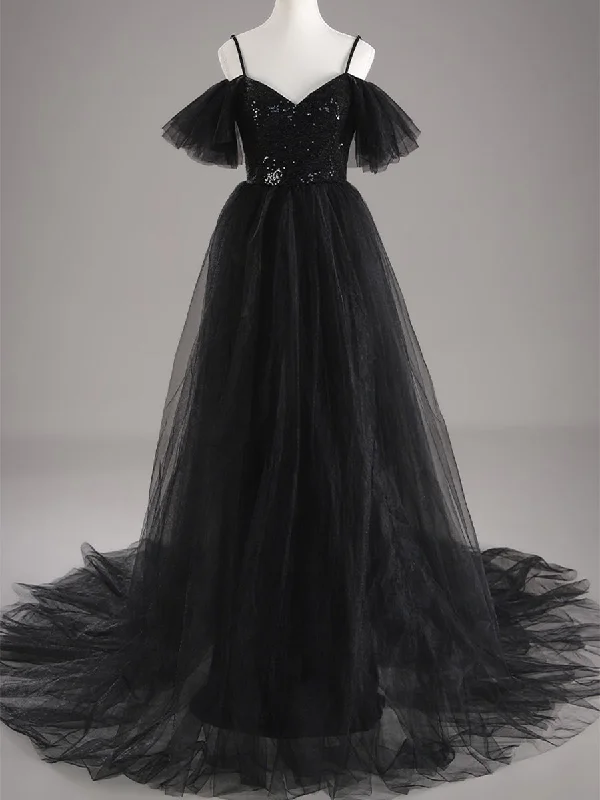 Black Sequin Wedding Dress A line Tulle Flutter Sleeves Relaxed Women's Beachy