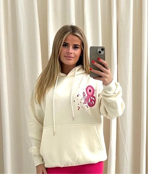 Pink Evil Eye, Peace, Heart Graffiti Hoodie Cream Bold Women's Statement