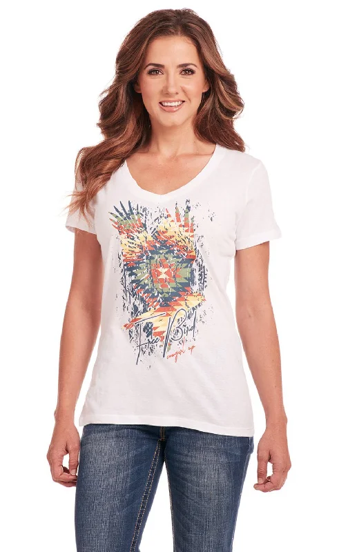 Cowgirl Up Womens Free Bird V-Neck White 100% Cotton S/S T-Shirt Earthy Women's 