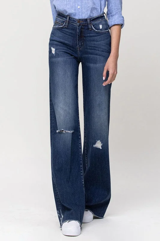 High Rise Distressed Wide Leg Jeans Minimalist Women's Casual