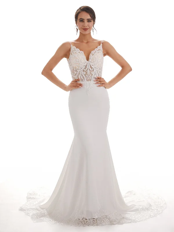 Spaghetti Straps Mermaid Ivory Backless Lace Wedding Dresses Classic Women's Pin - striped Spaghetti Straps Mermaid Ivory Backless Lace Wedding Dresses Classic Women's Pin - striped