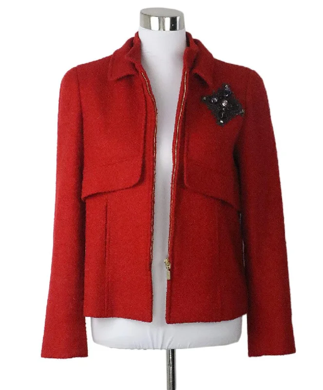 Oscar De La Renta Red Wool Jacket w/ Beaded Trim sz 8 Hip Women's Retro