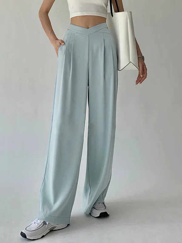 BerryBetty - Pleated V Waist Flowy Wide Leg Pants Cashmere
