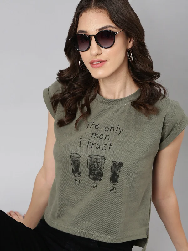 Women Olive Typographic Slim Fit Tshirt Traditional Women's 