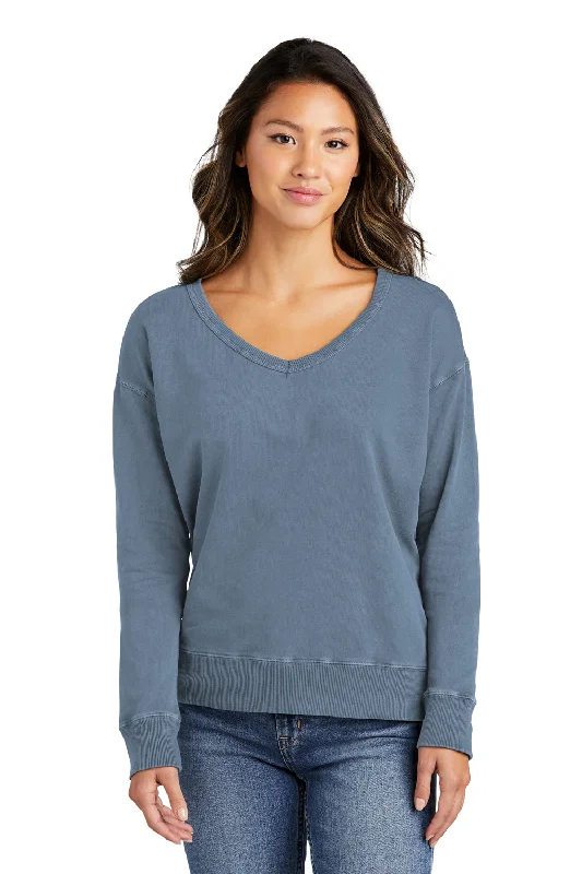 Port & Company Womens Beach Wash Garment Dyed V-Neck Sweatshirt - Faded Denim Blue Dapper Women's Bow - adorned