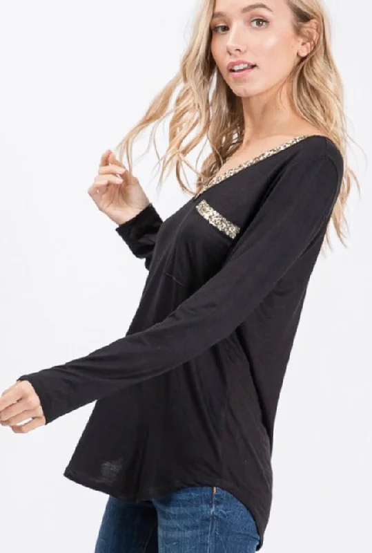 Black Long Sleeve V Neck with Sequin Detail Sporty Women's Athleisure 