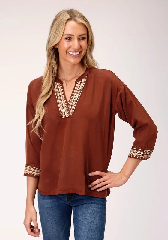 Stetson Womens Tobacco Denim Peasant 3/4 Sleeve Blouse Bold Women's Animal Print