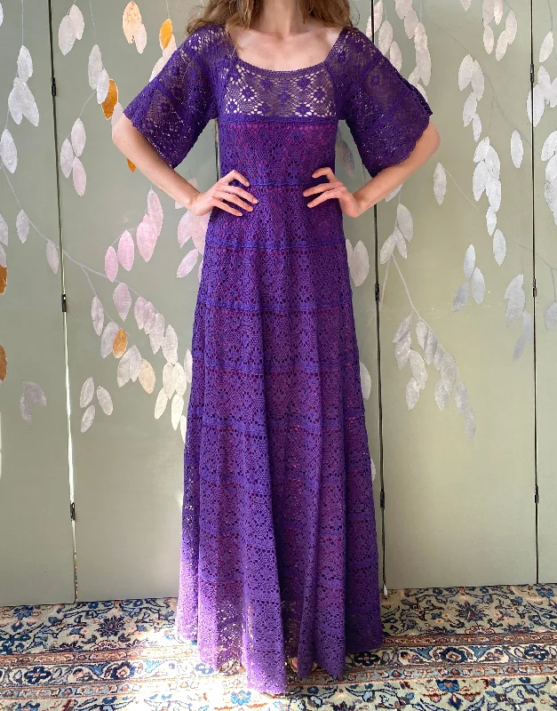 Vintage 1970s Purple Cotton Lace Tachi Castillo Mexican Maxi Dress, XS Rugged Women's Outdoor 