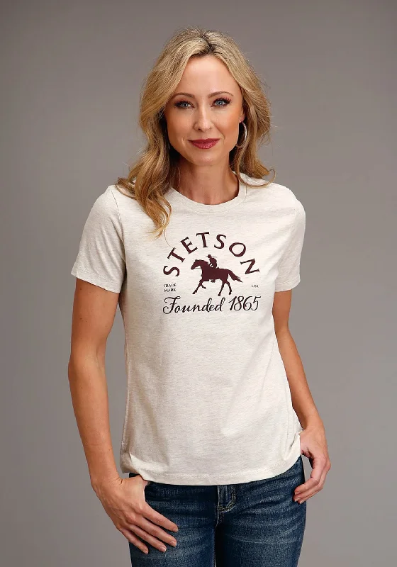 Stetson Womens Heather Cream Cotton Blend Horse Rider S/S T-Shirt Cozy Women's Winter