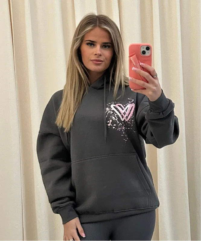 Pink Heart Graffiti Hoodie Charcoal Grey Modern Women's 