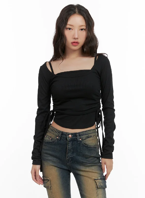 Shirred Square Neck Layered Top CG422 Earthy Women's 