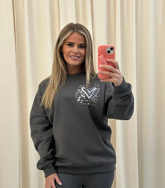 Grey Heart Graffiti Sweatshirt Charcoal Grey Tough Women's Military - inspired
