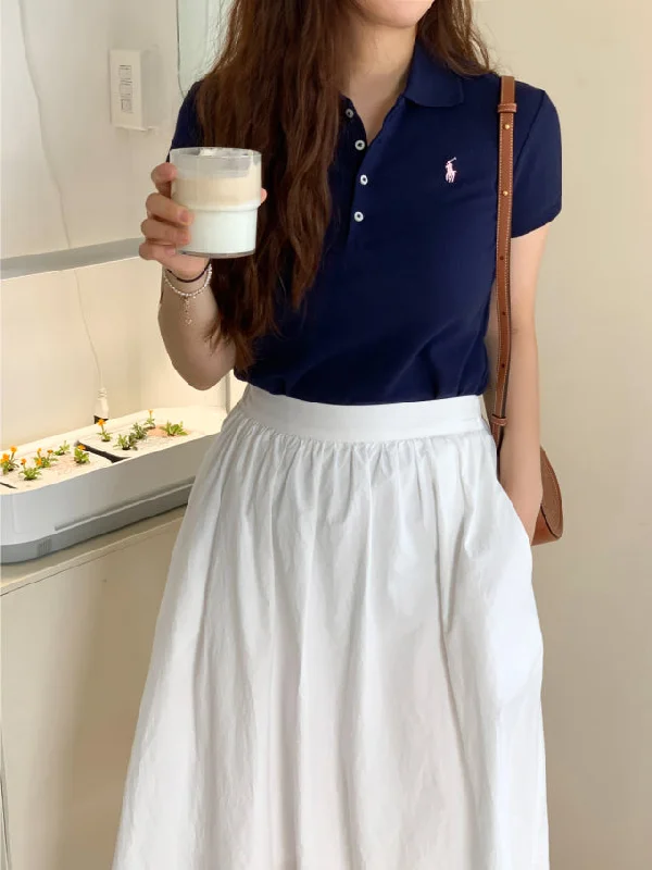 Girls Stretch Mesh Polo Shirt Monochromatic Office Style