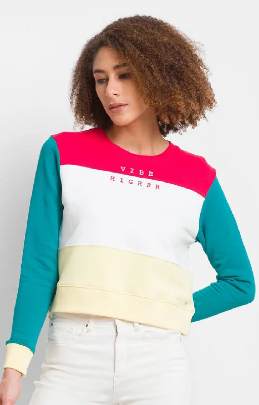 Spykar Red Cotton Blend Full Sleeve Round Neck Sweatshirts For Women Vacation