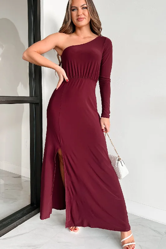 Only If It's About Me One Shoulder Maxi Dress (Burgundy) Hip Women's Retro