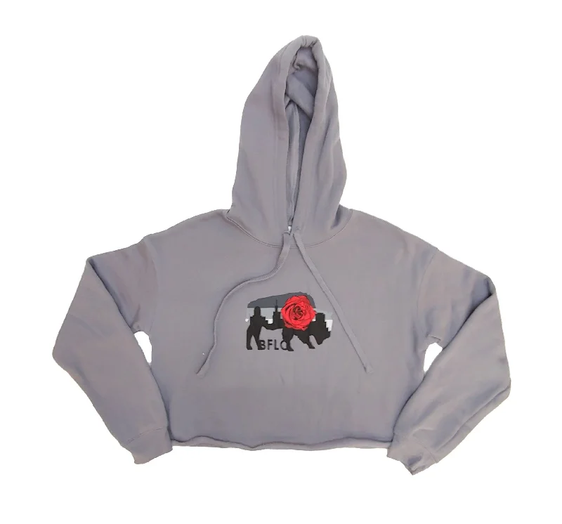 Grey Cropped Rose Hoodie Cozy Women's Sherpa - lined