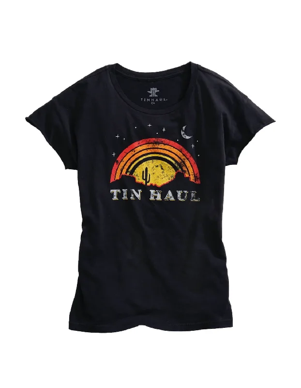 Tin Haul Womens Black 100% Cotton Sunset and Moon S/S T-Shirt Sporty Women's Athleisure 