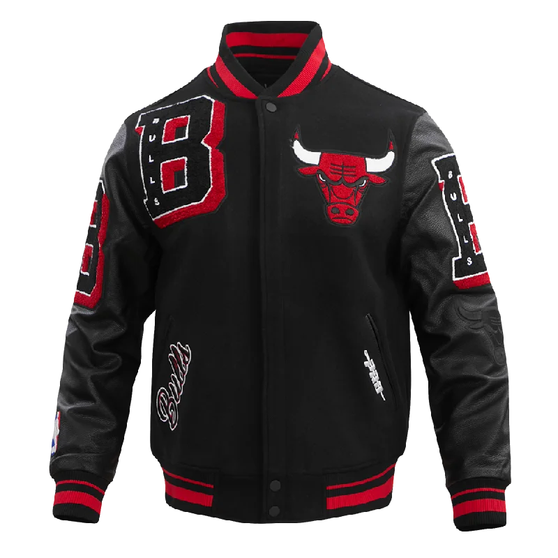 NBA CHICAGO BULLS MASHUP MEN'S RIB WOOL VARSITY JACKET (BLACK/RED/BLACK) Dynamic Women's Moto