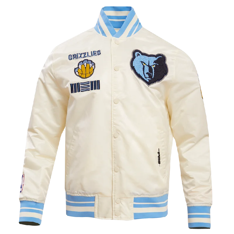 NBA MEMPHIS GRIZZLIES RETRO CLASSIC MEN'S RIB SATIN JACKET (EGGSHELL/UNIVERSAL BLUE) Dapper Women's 1920S