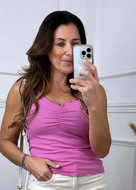 Ines Flamingo Pink Ribbed Top Luxurious Women's High -  end