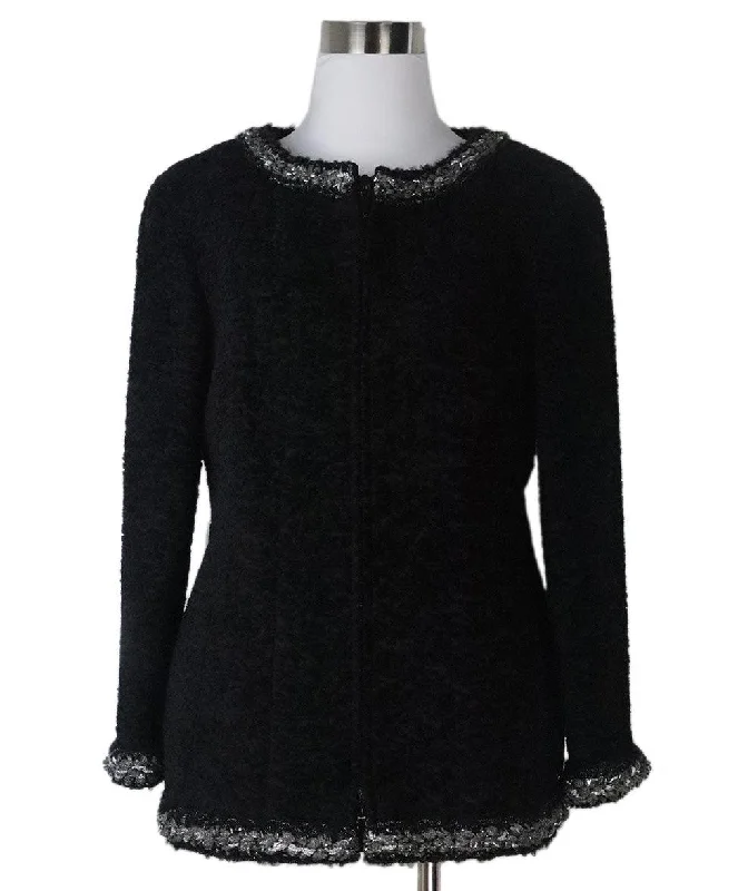 Chanel Black Silk Jacket w/ Silver Trim sz 6 Stylish Women's Tropical 