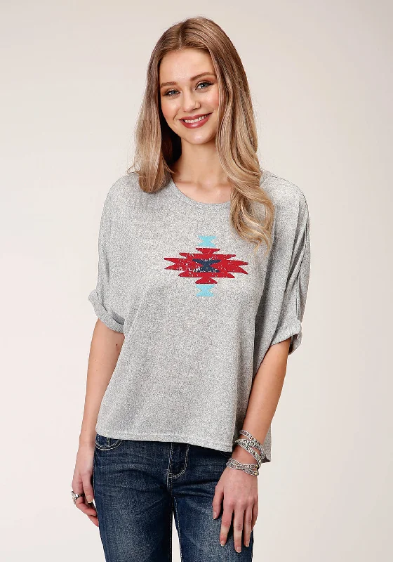 Roper Womens Heather Grey Polyester Dolman Aztec S/S T-Shirt Dynamic Women's Moto