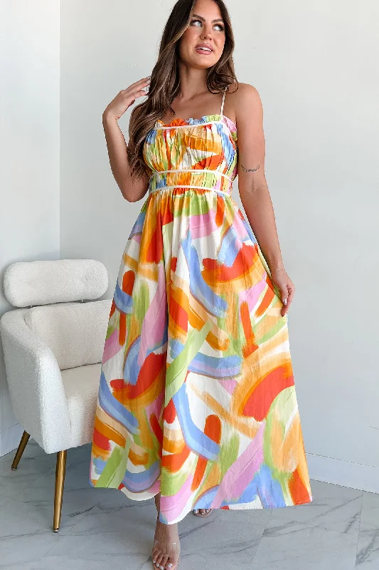 Passionate Response Printed Maxi Dress (White/Blue/Yellow) Sophisticated Women's Tailored