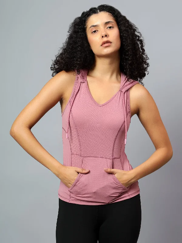 Fitkin Women's Mauve Self Design Sleeveless Hooded Tank Top Rugged Women's Outdoor 