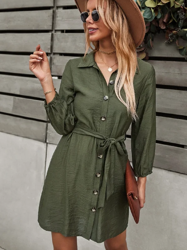 Plain Button Front Long Sleeve Collar Straight Natural Short Womens Dress Disco