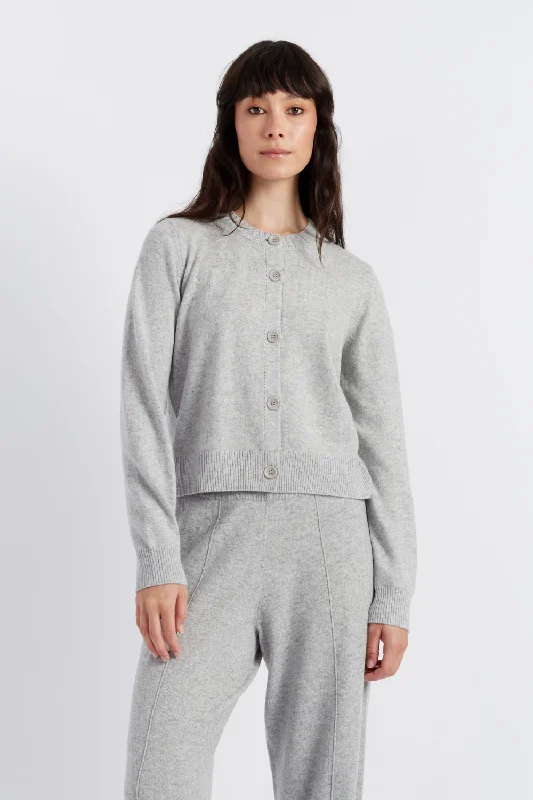 Light-Grey Wool-Cashmere Crew Neck Cardigan Elegant Women's 