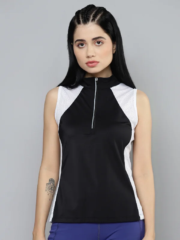 Fitkin Women Black & White Colourblocked High Neck T-shirt performance