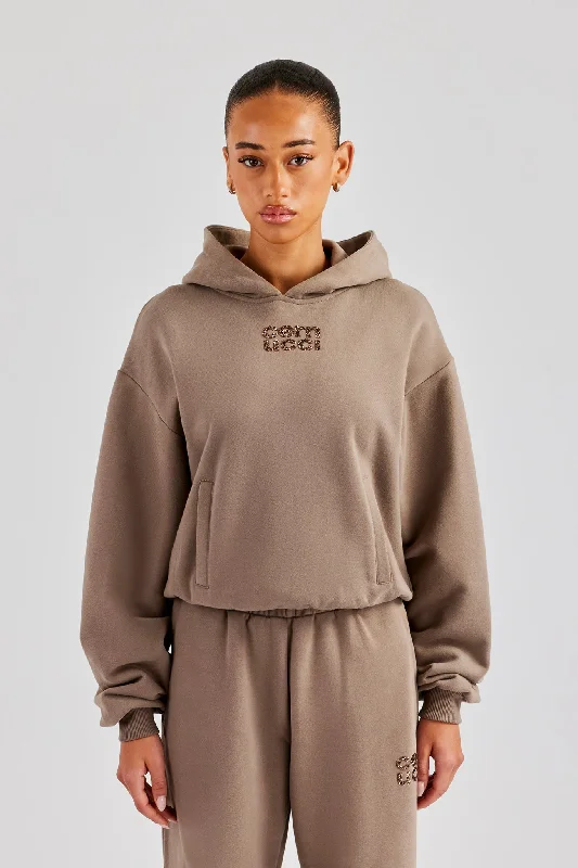Glitter Applique Boxy Hoodie - Taupe Classic Women's Tweed
