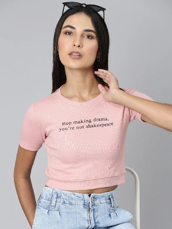 Women Peach Typographic Crop Slim Fit Tshirt Monochromatic Office Style