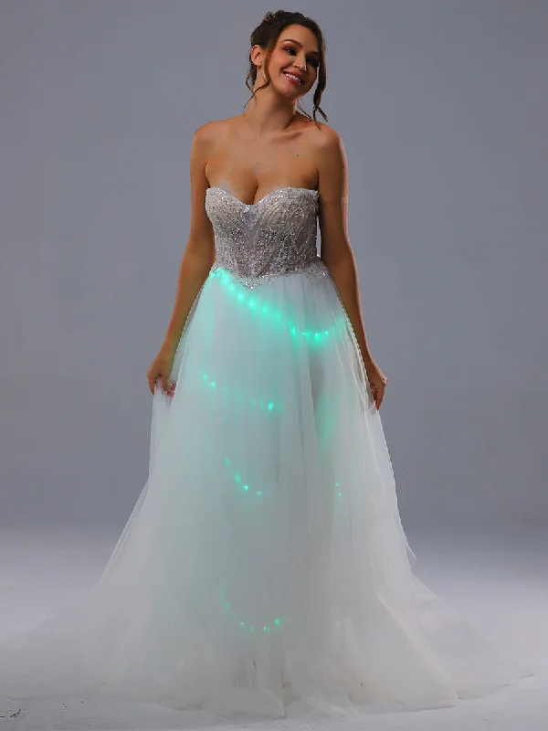 Strapless Sweetheart Wedding Dress A Line Tulle Light Up Trendy Women's Oversized