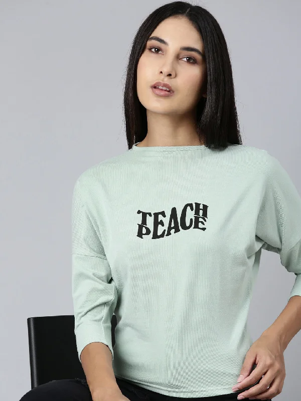 Women Sea Green Typographic Slim Fit Tshirt European
