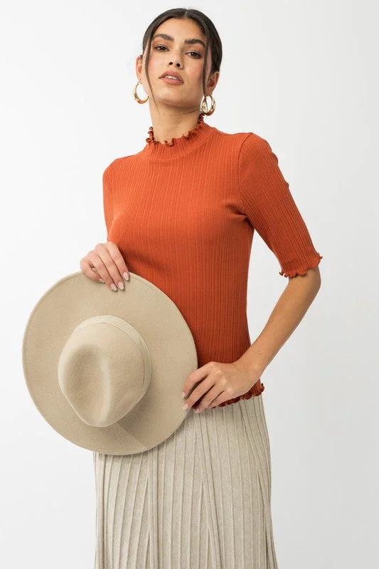 Short Sleeve Mock Neck Merrow Edge Top Feminine Women's Style 
