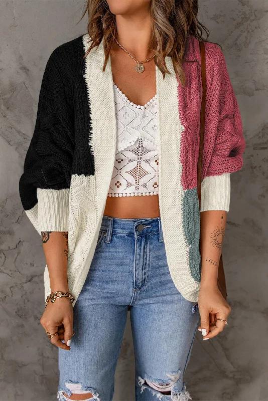 Color Block Cable-Knit Batwing Sleeve Cardigan Classic Women's Tweed