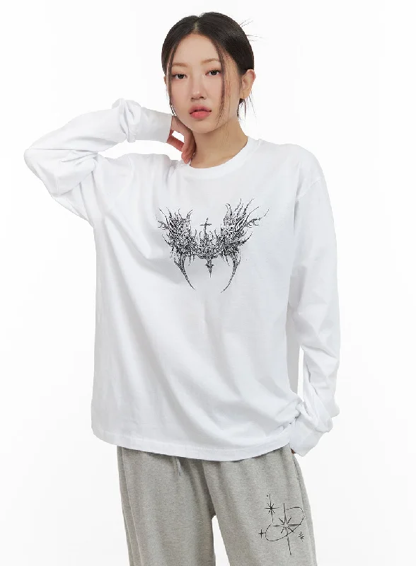 Cotton Graphic Oversize Long Sleeve CG423 Relaxed Women's 