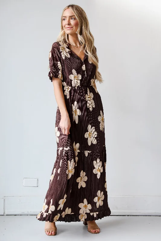 FINAL SALE - Exceptional Sweetness Brown Plisse Floral Maxi Dress Dapper Women's 1920S FINAL SALE - Exceptional Sweetness Brown Plisse Floral Maxi Dress Dapper Women's 1920S