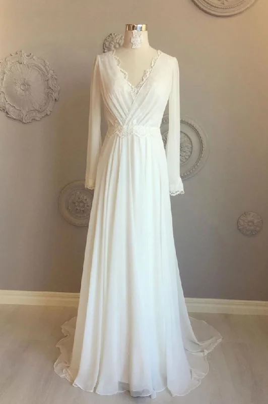 simple elegant white long sleeves v-neck chiffon and lace wedding dress,HO148 Refined Women's Velvet simple elegant white long sleeves v-neck chiffon and lace wedding dress,HO148 Refined Women's Velvet