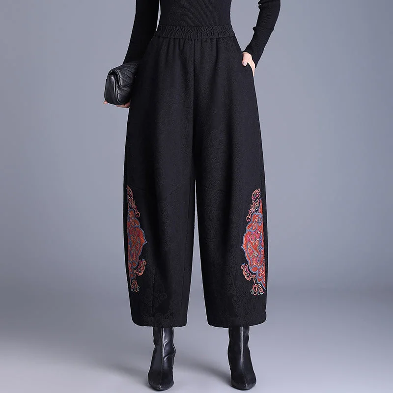 Babakud Women Winter Retro Fleece-Lined Embroidered Cotton Linen Wide-Leg Pants Cool Women's Skate