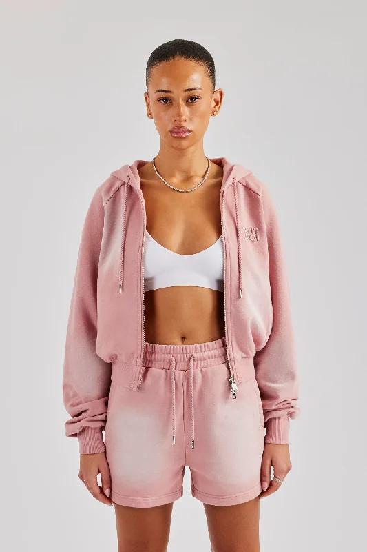 Washed Raglan Zip Through Hoodie - Pink Gym